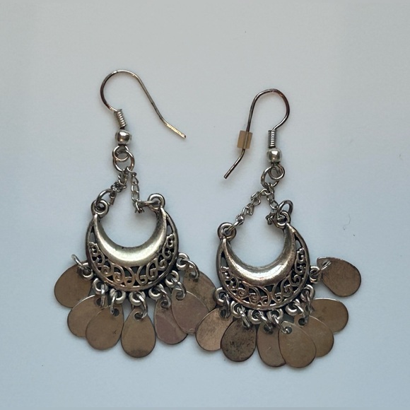 Vintage Boho Silver Dangle Earrings Crescent Moon Gypsy Witchy Aesthetic - Picture 3 of 8